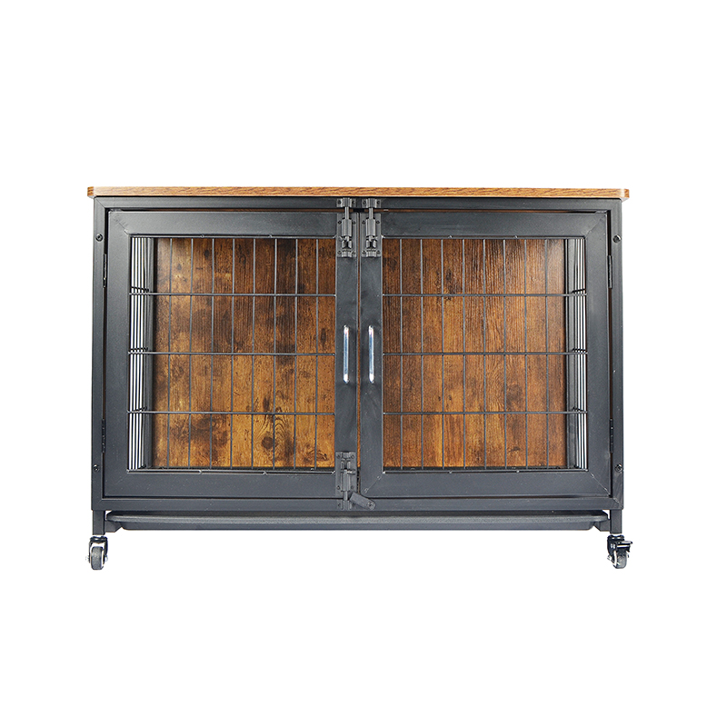 চাকা সহ কাঠের আসবাবের স্টাইলের কুকুরের খাঁচা