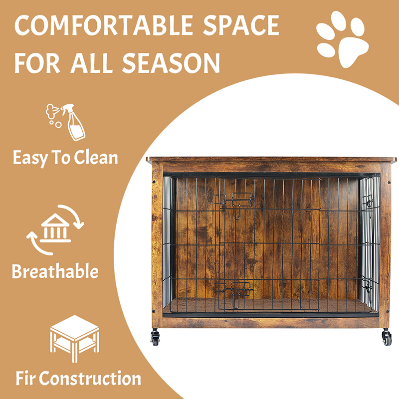 ইনডোর কাঠের আসবাবের স্টাইল কুকুর খাঁচা কুশন এবং চাকা সহ ইনডোর কাঠের আসবাবের স্টাইল কুকুর খাঁচা কুশন এবং চাকা সহ