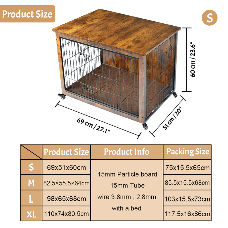 ইনডোর কাঠের আসবাবের স্টাইল কুকুর খাঁচা কুশন এবং চাকা সহ ইনডোর কাঠের আসবাবের স্টাইল কুকুর খাঁচা কুশন এবং চাকা সহ