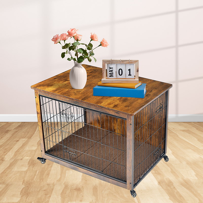 ইনডোর কাঠের আসবাবের স্টাইল কুকুর খাঁচা কুশন এবং চাকা সহ ইনডোর কাঠের আসবাবের স্টাইল কুকুর খাঁচা কুশন এবং চাকা সহ