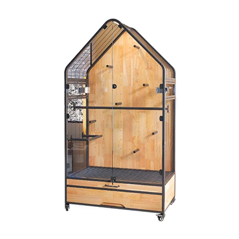 কাঠ এবং ইস্পাত খাঁচা বড় অপসারণযোগ্য ডিআইওয়াই ভিলা তোতা পাখি প্রজনন খাঁচা স্ট্যান্ড চাকা সহ