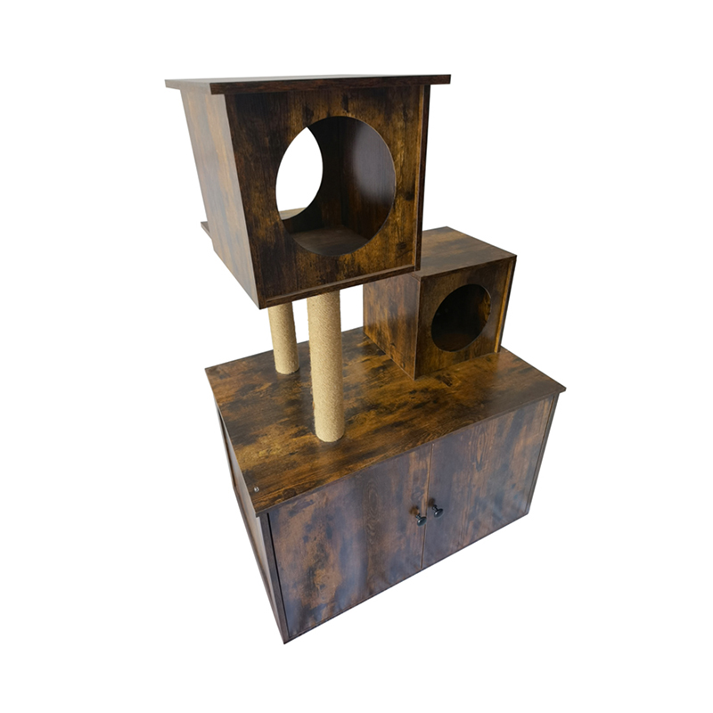 কাঠের বিড়াল হাউস টাওয়ার ইনডোর বিড়াল গাছের আরোহণ ফ্রেম লিটার বক্স সহ